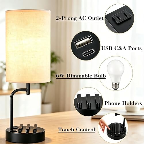 Dreamholder Touch Control Table Lamp with USB C/A & AC Outlet
