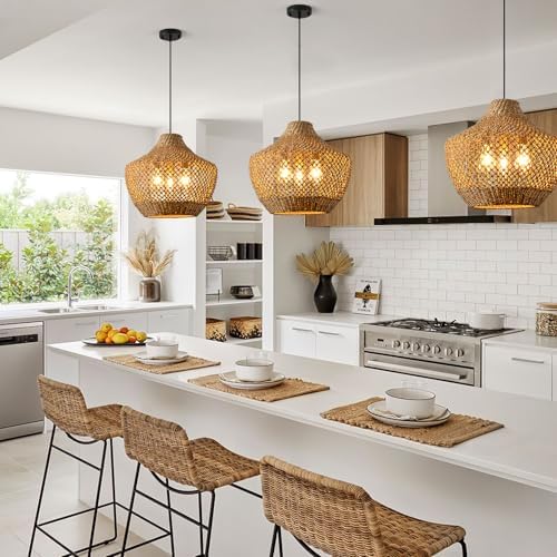18.9-Inch 3-Light Rattan Wicker Chandelier