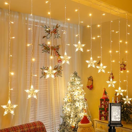 woohaha Christmas Star Icicle Curtain Lights, 118LED Warm White