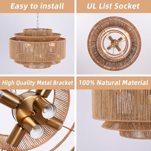 24 Inches 6-Light Farmhouse Rattan Chandelier