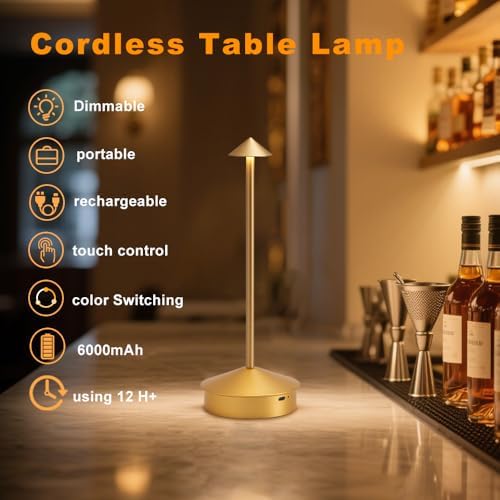 2 Pack Aluminum Cordless Table Lamps, 6000mAh, Gold