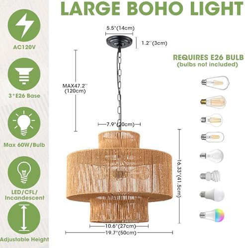 19.7 Inch 3-Light Rattan Pendant Light