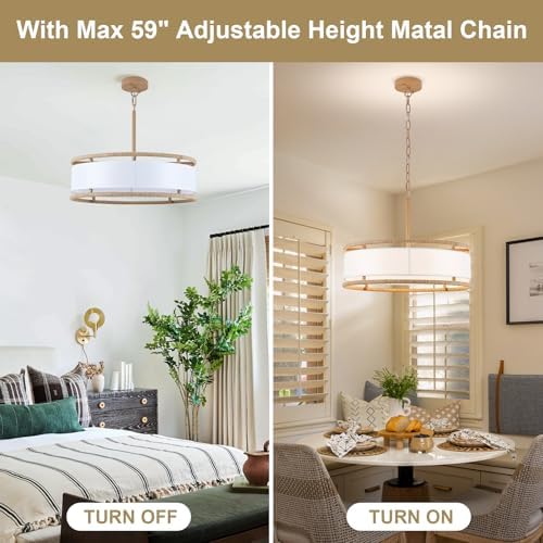 19.7" Gold Rattan Drum Chandelier, 4-Light