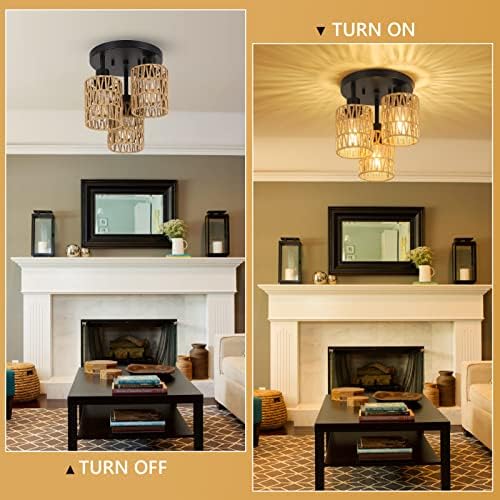 3-Light Boho Rattan Semi-Flush Mount Ceiling Light