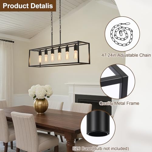 6-Light Black Linear Chandelier, Adjustable Height