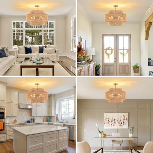 23.6" Rattan 6-Light Flush Mount Ceiling Light