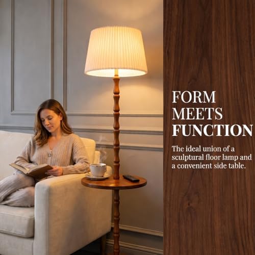 Real Wood Floor Lamp with Built-in Tray, Light Walnut