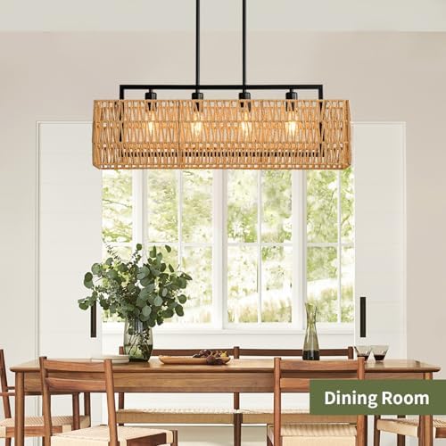 32" Rattan Chandelier, Rectangle Linear Light