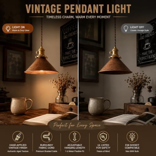 Rusted Copper Pendant Light with Adjustable 6.5Ft Cord