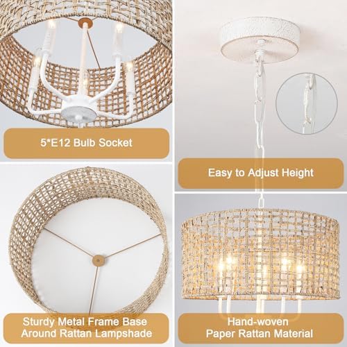 5-Light Brown and White Rattan Chandelier