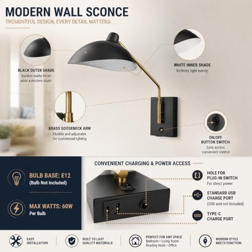 CLAXY Matte Black Plug-in Swing Arm Wall Sconces, Set of 2