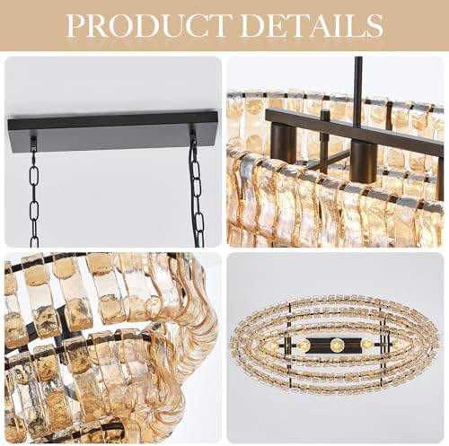Large Modern Chandelier, Amber Glass Shade