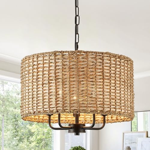5-Light Boho Rattan Chandelier with Drum Shade