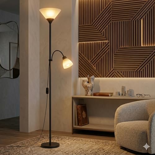 Modern 2-in-1 Torchiere Floor Lamp with Reading Light, Black