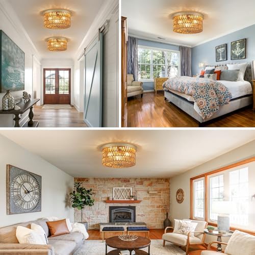 3-Light Rattan Flush Mount Ceiling Light