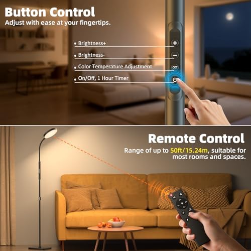PACOVY Adjustable Floor Lamp, Remote Control, Black