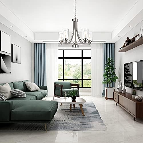 BONLICHT 5-Light Brushed Nickel Chandelier, Clear Glass Shade