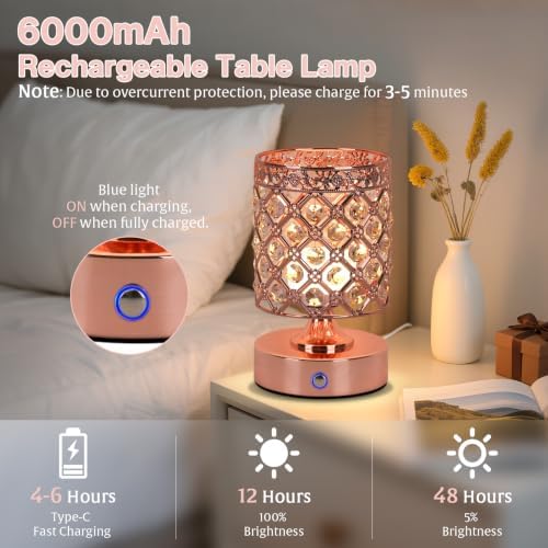 Rose Gold Crystal Rechargeable Cordless Table Lamp