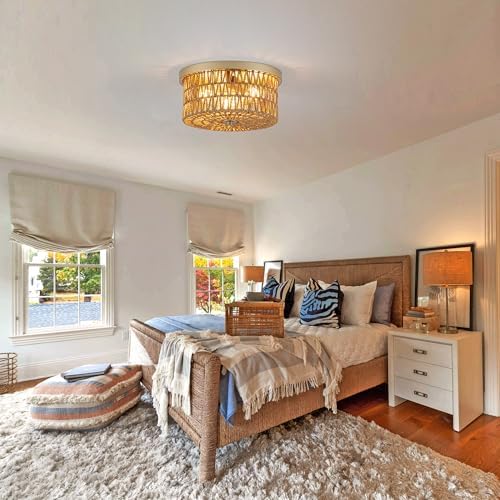 3-Light Rattan Flush Mount Ceiling Light