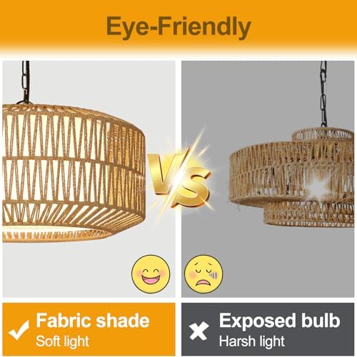 5-Light Rattan Farmhouse Chandelier, Height Adjustable 9"-52"
