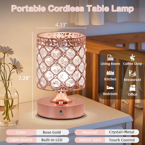 Rose Gold Crystal Rechargeable Cordless Table Lamp