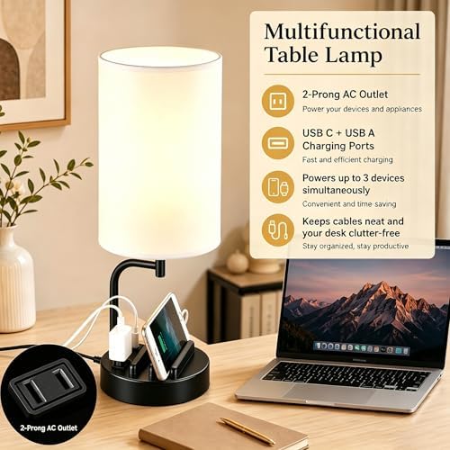 Dreamholder Touch Control Table Lamp with USB C/A & AC Outlet