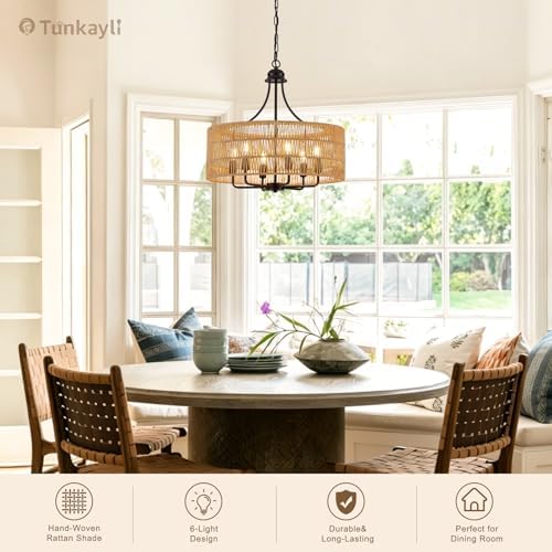 21.8" Large Black Rattan Chandelier, 6-Light
