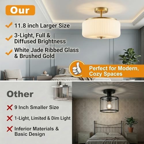 3-Light Gold Semi Flush Mount Ceiling Light