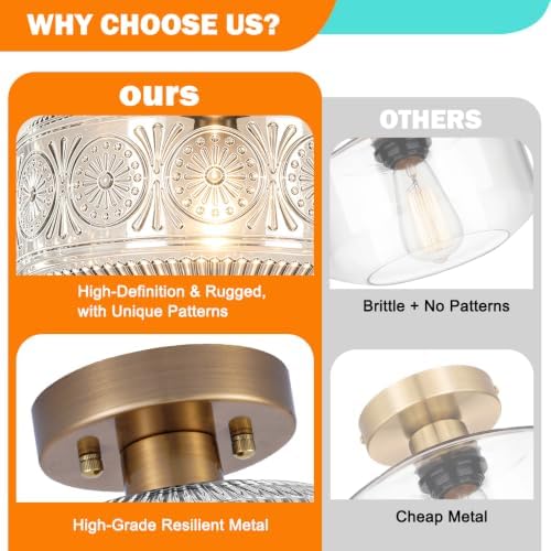 DSMJFU Brass Glass Semi Flush Mount Ceiling Light