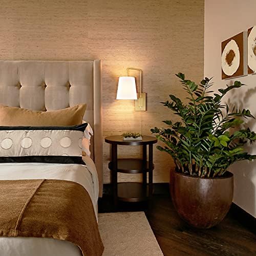 Plug-in Wall Sconces Set of Two Swing Arm with Gold Fabric Shade