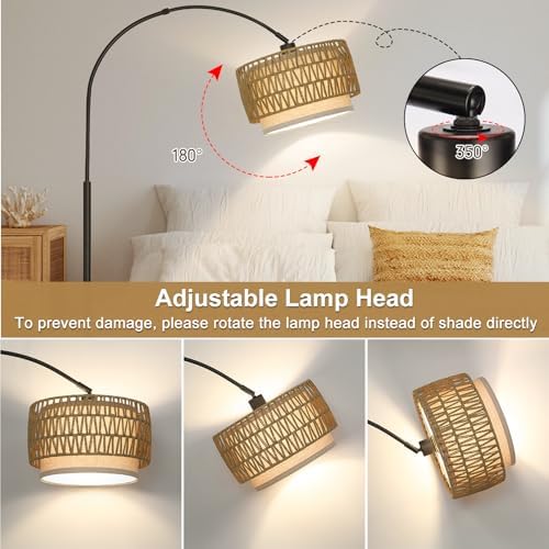 Rattan Arc Floor Lamp with Adjustable Fabric Shade