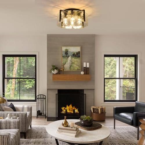 Black 17.7-Inch Glass Drum Semi Flush Mount Ceiling Light