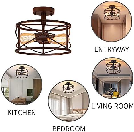 2-Light Black Metal Cage Semi Flush Mount Ceiling Light