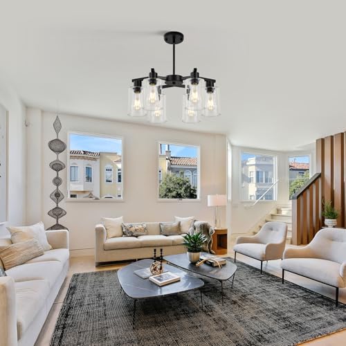6-Light Black Farmhouse Chandelier, Clear Glass Shade