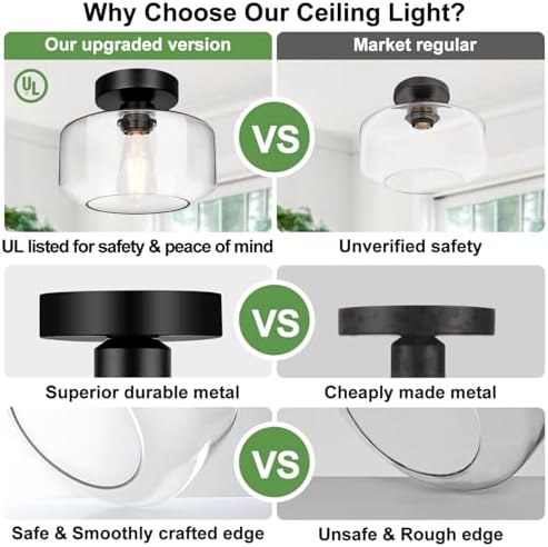 Lynnoland Black Semi Flush Mount Ceiling Light, Clear Glass Shade