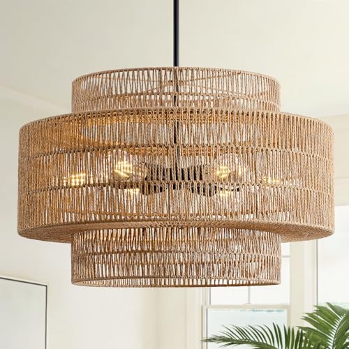 24" Rattan Chandelier, Large Boho Pendant Light