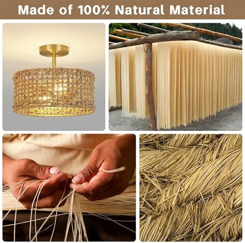 Boho Rattan Ceiling Light, 12.6" Woven Drum Flush Mount