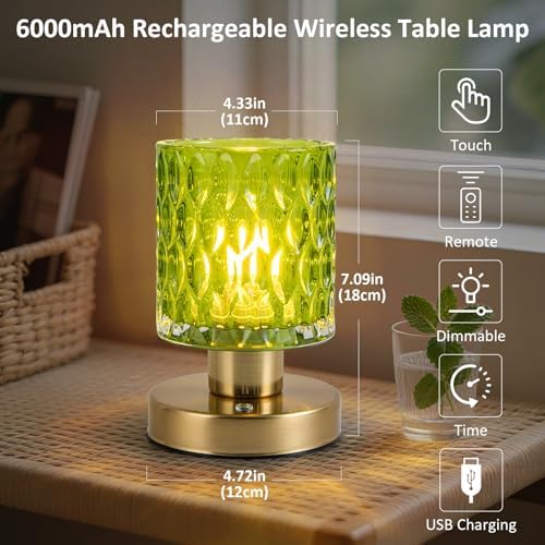 Cordless Rechargeable Glass Table Lamp, Jade Green
