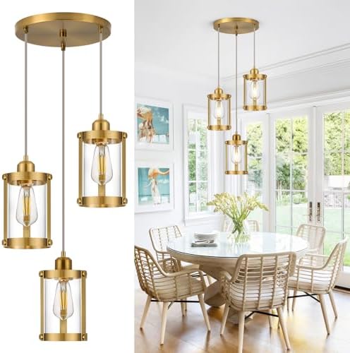Brushed Gold 3-Light Cluster Pendant Chandelier, Clear Glass