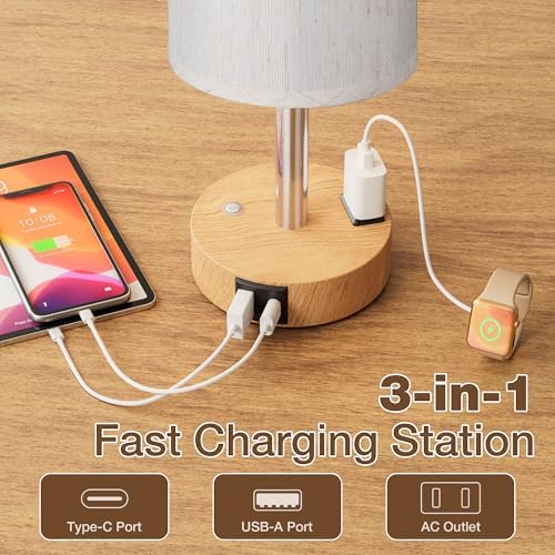 Touch Bedside Table Lamp, Stepless Dimmable, USB A+C