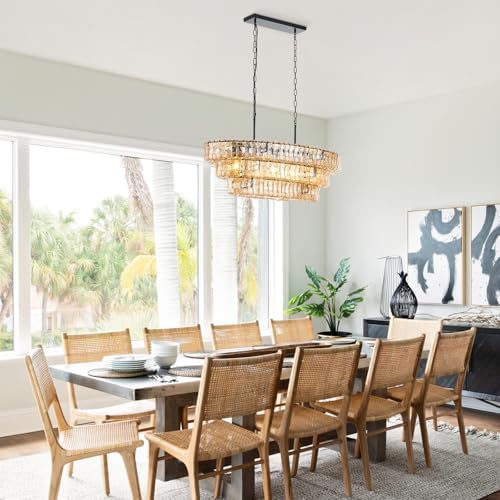 Large Modern Chandelier, Amber Glass Shade