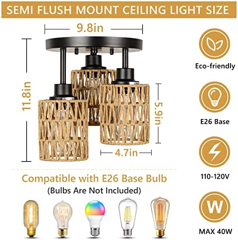 3-Light Boho Rattan Semi-Flush Mount Ceiling Light