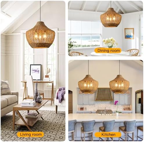 18.9-Inch 3-Light Rattan Wicker Chandelier