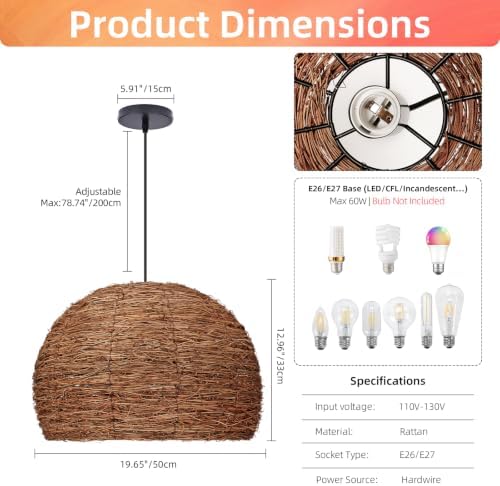 Arturesthome Boho Pendant Light Fixture Woven Chandelier Wicker