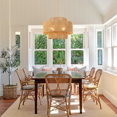 24'' Boho Rattan Chandelier, 4-Light Hand-Woven Wicker Pendant Lamp