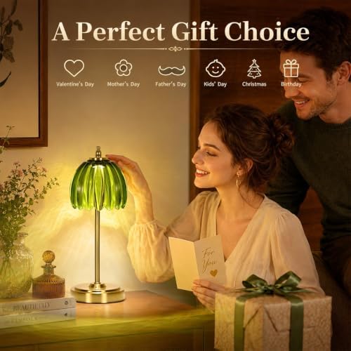 NewAoNaSen Glass Tulip Table Lamp, Cordless Rechargeable, Green