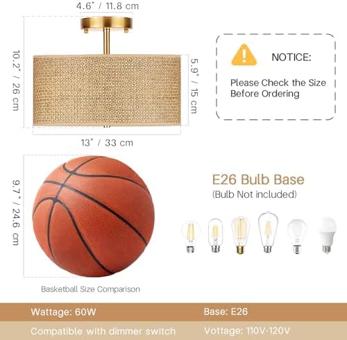 Woven Rattan 3-Light Semi Flush Mount Ceiling Light