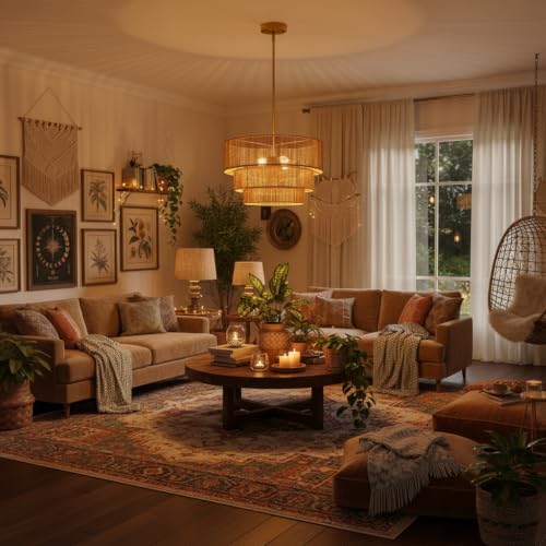 Boho Rattan Chandelier Light,3 Light Hand Woven Pendant Lamp