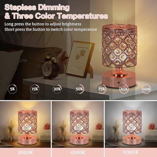 Rose Gold Crystal Rechargeable Cordless Table Lamp