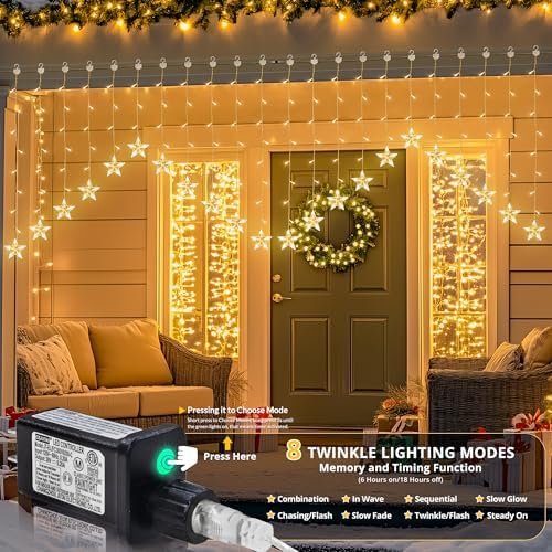 woohaha Christmas Star Icicle Curtain Lights, 118LED Warm White